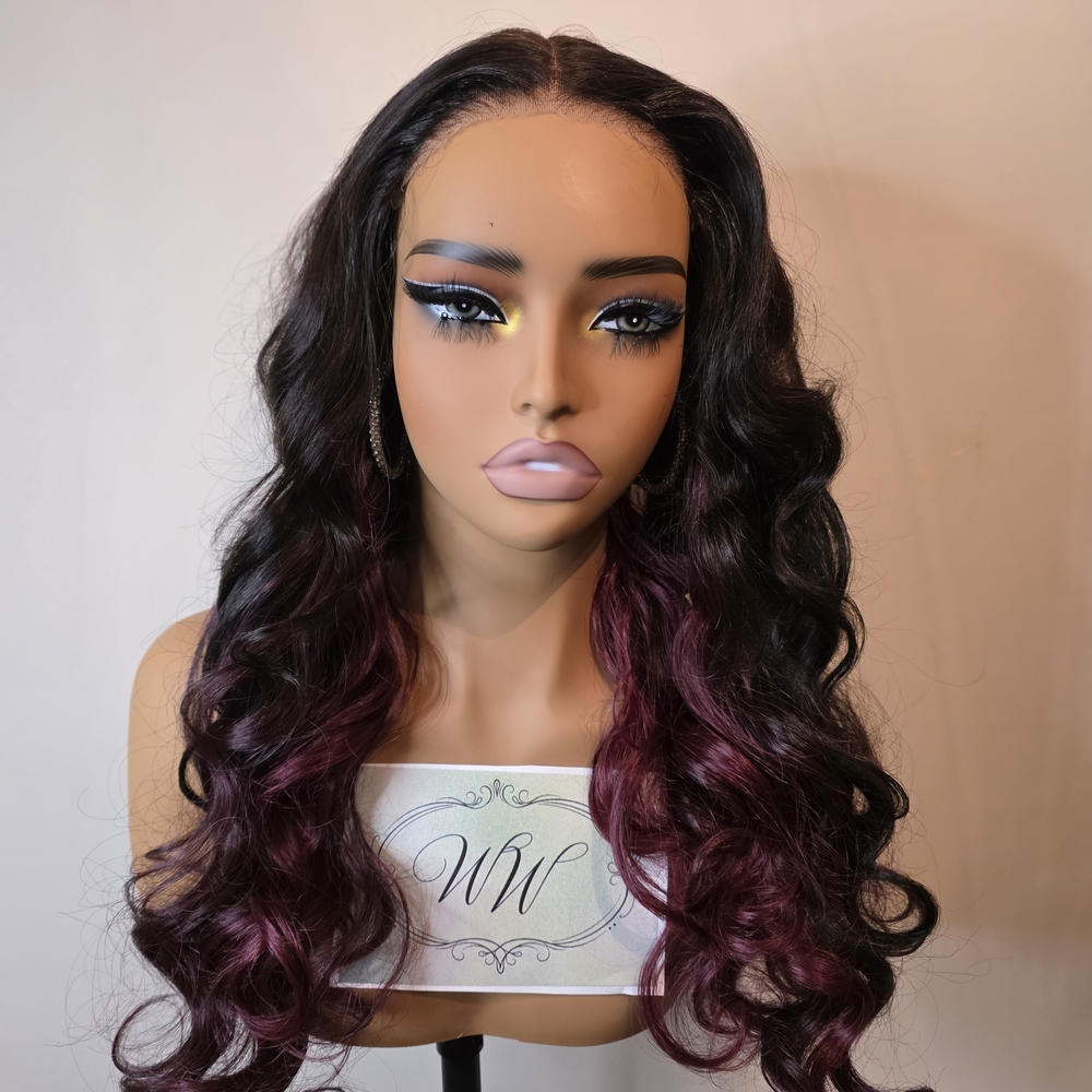 Wavy Black and Plum Burgundy Highlight Blend Hair Wig